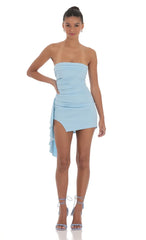 Strapless Ruched Tassel Dress in Blue