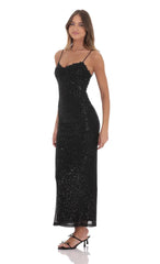 Lace Trim Sequin Maxi Dress in Black