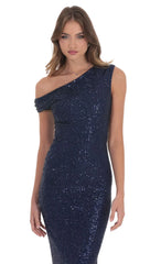 Sequin Off Shoulder Maxi Dress in Navy