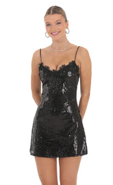Floral Trim Sequin Dress in Black