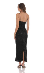 Lace Trim Sequin Maxi Dress in Black