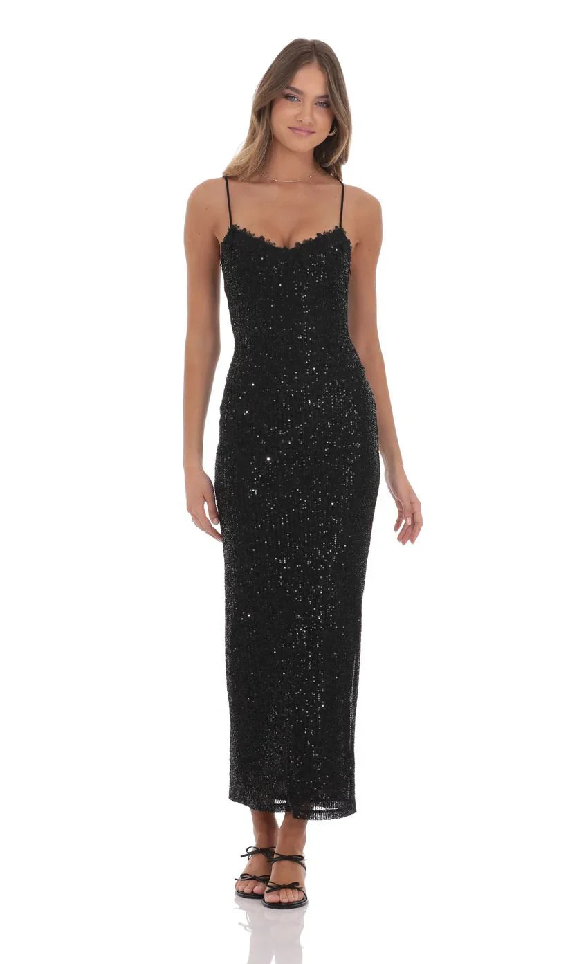 Lace Trim Sequin Maxi Dress in Black