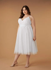 Diamond White A-Line V-Neck Sequins Tulle Dress